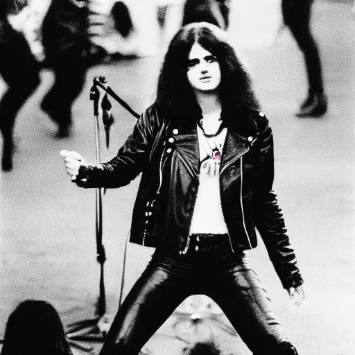 Image similar to 19-year-old girl wearing black leather jacket and denim jeans, New Wave of British Heavy Metal, 1983, Polaroid, crowd of longhairs, British flag, concert