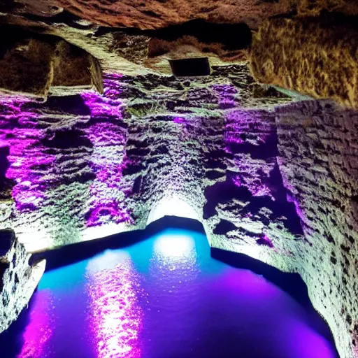 Prompt: cenotes with glowing - purple - hexagon carved into the cave wall