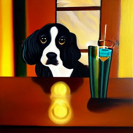 Prompt: a painting of a spaniel at the bar with a Martini, in the style of mila furstova, light effect-n 9