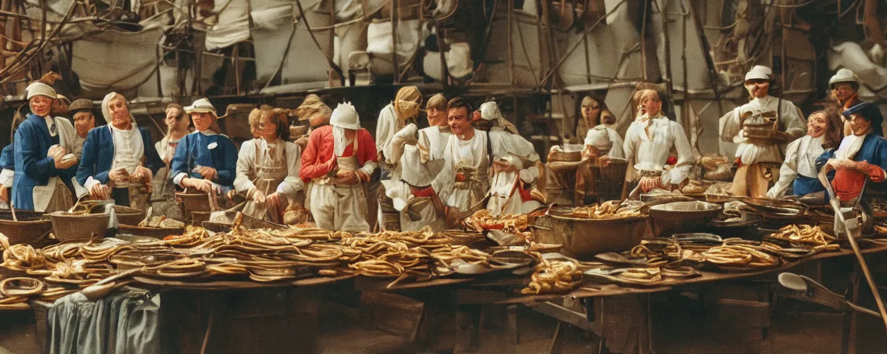 Image similar to dutch east india company trading spaghetti, open ocean, canon 5 0 mm, kodachrome, in the style of wes anderson, retro