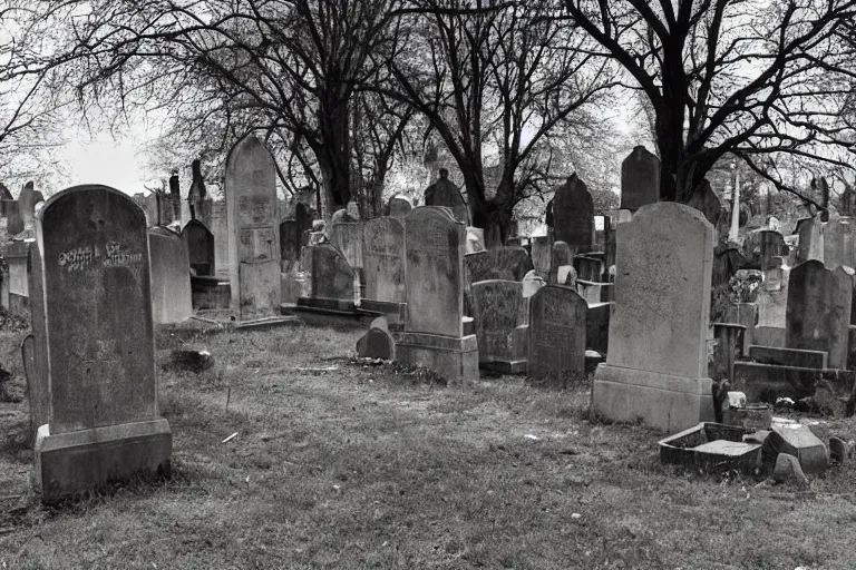 Image similar to photo of a graveyard guarded by a gravekeeper, unsettling atmosphere, eerie, bizarre, horror