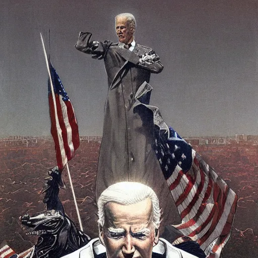 Image similar to immense, majestic, surreal, terrifying joe biden standing triumphant over the national mall, perfectly clear face, by j. c. leyendecker and beksinski