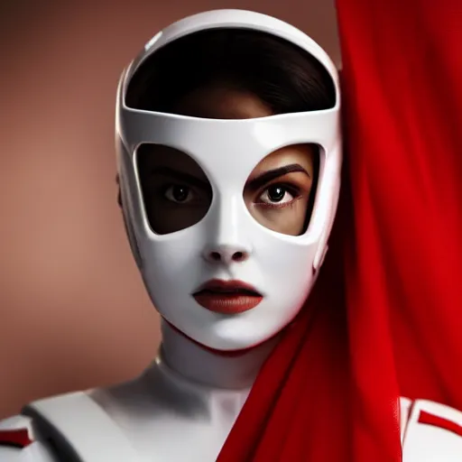 Image similar to headshot of an beautiful female soldier in glossy sleek primarily white armor with tiny red details and a long red cape, upward angle, determined expression, no helmet, on the surface of mars, night time, cinematic, sci-fi, hyperrealistic