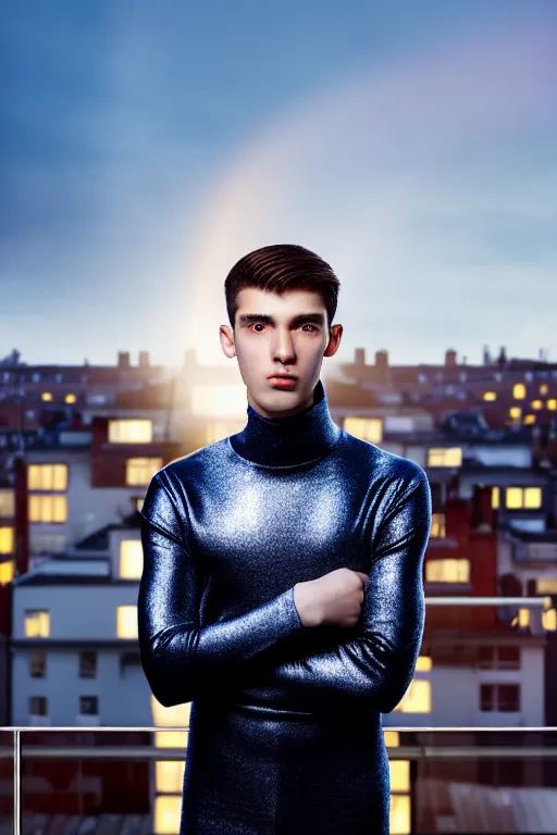 Image similar to un ultra high definition studio quality photographic art portrait of a young man standing on the rooftop of a british apartment building wearing soft padded silver pearlescent clothing. three point light. extremely detailed. golden ratio, ray tracing, volumetric light, shallow depth of field. set dressed.