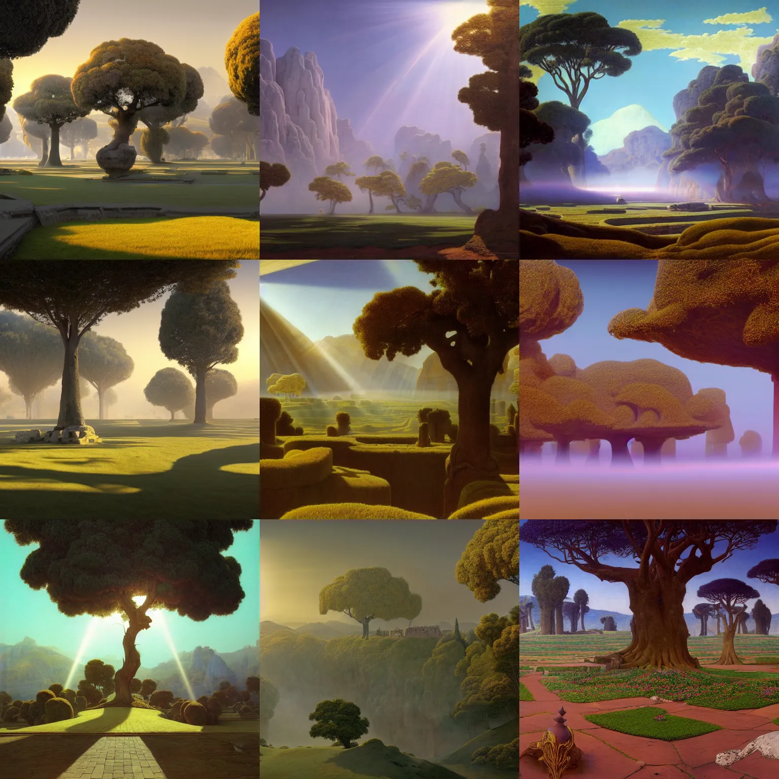 Prompt: a big and structured landscape of an ancient civilization city with a portal to outer space 4k digital art unreal engine trending on artstation pearly flagstones, giant trees, god rays, bloom, volumetric fog, moody ambiance, cinematic lighting, twilight, sunset, rose and lavender and amber tones, Maxfield Parrish, Brom, Caravaggio, Da Vinci, Rubens, fantasy character, portfolio illustration, highly detailed, trending on Artstation, CGsociety, HQ, 8k, 35mm lens, f2.8, Bokeh