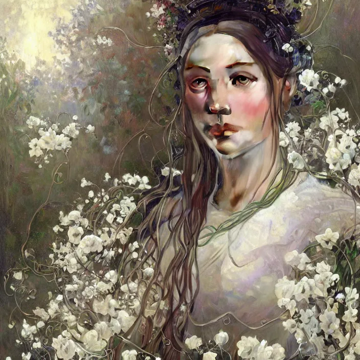 Prompt: hyperrealist portrait of a 2 0 4 4 space sport engineer, it is decorated with long wires and white flowers that fall like vines and wears a huge computer crown. by jeremy mann and alphonse mucha, fantasy art, photo realistic, dynamic lighting, artstation, poster, volumetric lighting, very detailed faces, 8 k, award winning