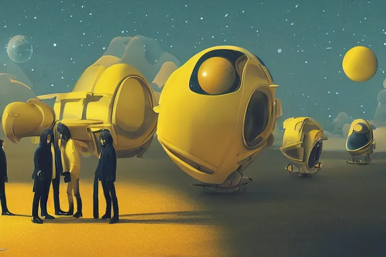 Prompt: the beatles on a yellow spaceship, art by mike winkelmann, trending on cgsociety, retrofuturism, darksynth, sci - fi