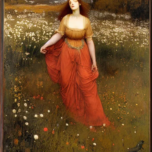 Prompt: beautiful pre - raphaelite woman, flower halo, flowing gown with empire waist in a wildflower meadow, floating leaves, fairys and flower petals in background, painterly, briar patch, thorns, dreamy, painted by jeremy mann, edward burne - jones, and john everett millais, alma tadema, ethereal, stunning, god rays, detailed