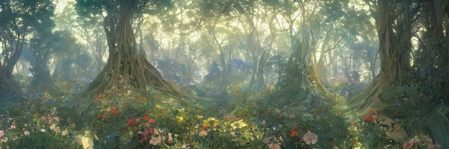 Prompt: A beautiful painting of a utopian garden and forest with supertrees by Alfons Maria Mucha and Julie Dillon and Makoto Shinkai