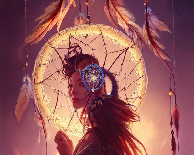 Prompt: dream catcher catching a dream, deep focus, d & d, fantasy, intricate, elegant, highly detailed, digital painting, artstation, concept art, matte, sharp focus, illustration, hearthstone, art by artgerm and greg rutkowski and alphonse mucha