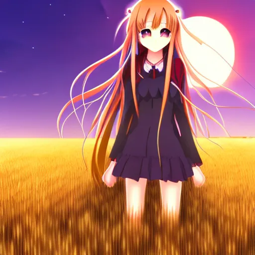 Image similar to anime illustration of Holo from Spice and Wolf standing in a wheat field at sunset, Holo is a wolf girl, high detail, trending on pixiv