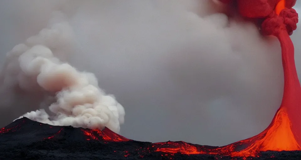 Image similar to a volcano made of ivory vines and crimson rocks enters in eruption, it spits a smoke in the shape of demonic eye, by Wes Anderson,