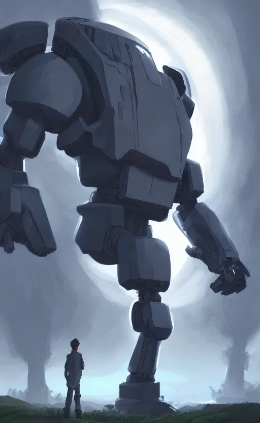 Image similar to iron giant standing near his farm, dynamic lighting, photorealistic fantasy concept art, trending on art station, stunning visuals, creative, cinematic, ultra detailed