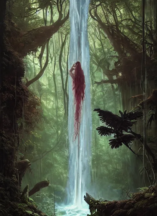 Image similar to a hyper realistic architectural witch shrine under a waterfall in the woods, gorgeous lighting, lush forest foliage, painting by chiara bautista and tom bagshaw, muca beksinski and norman rockwell and greg rutkowski weta studio, and lucasfilm