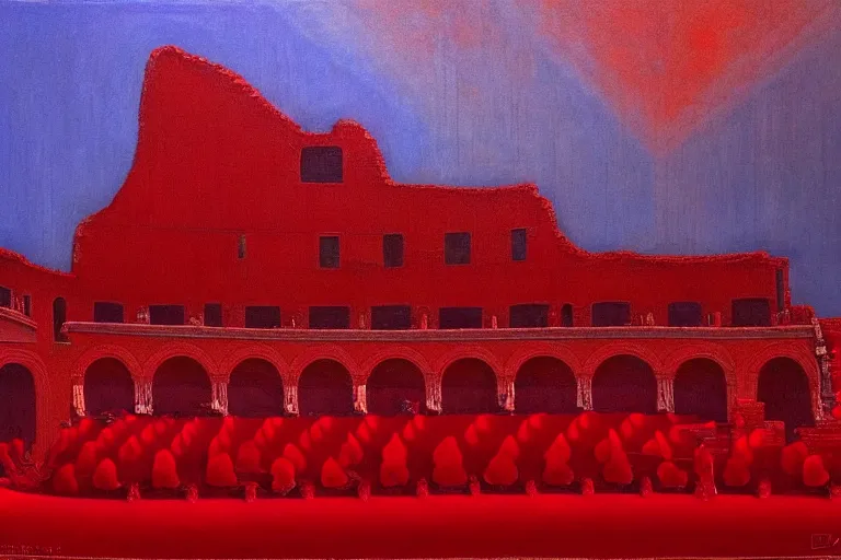 Image similar to only with red, a red great emperor, taormina amphitheatre, crowd with big smile, in the style of beksinski, parts by edward hopper, parts by rodcenko, parts by yue minjun, intricate and epic composition, red by caravaggio, insanely quality, highly detailed, masterpiece, red light, artstation, 4 k