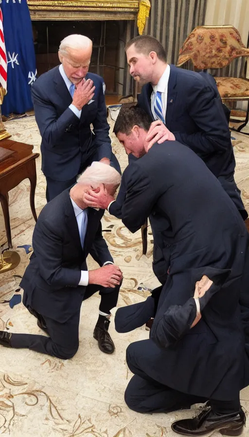 Prompt: photo biden on his knees asks for forgiveness from ivan the terrible