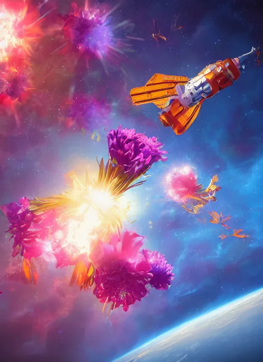 Image similar to An epic fantastic realism comic book style painting of the most beautiful flowers launched into space, bouquets, glorious galactic collision, fisheye lens, unreal 5, DAZ, hyperrealistic, octane render, dynamic lighting