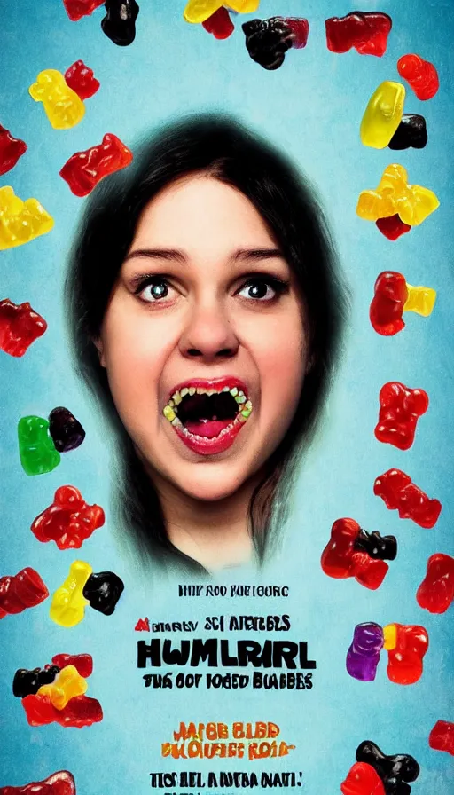 Prompt: horror movie poster about gummy bears and gummy worms