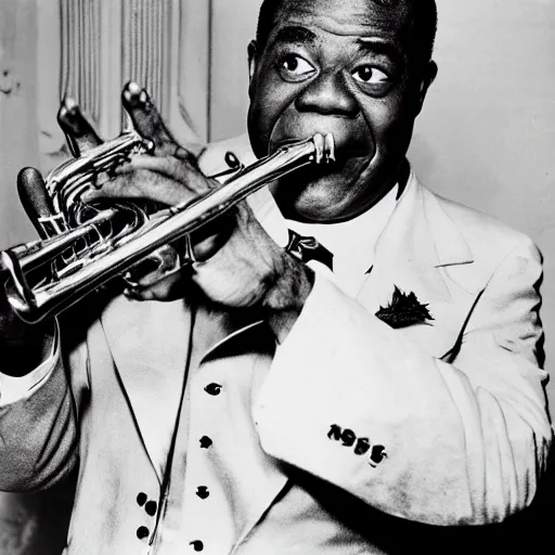 Prompt: louis armstrong holding a big hairy spider to his lips like a trumpet