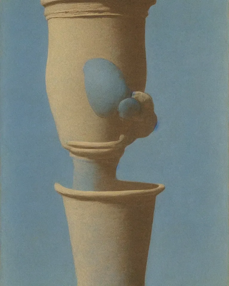 Image similar to achingly beautiful print of solitary painted ancient greek amphora on baby blue background by rene magritte, monet, and turner. sculpted, flat.