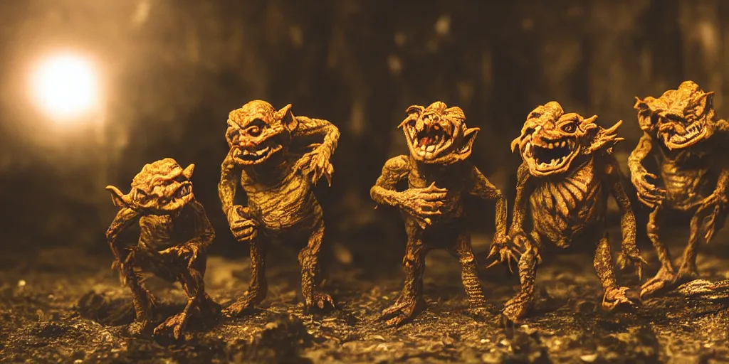 Prompt: photo of real life goblins, creepy!!!, scaly!!!, gritty!!!, menacing!!!, evil, ultra realistic, gritty, winter, golden hour, volumetric lighting, sharp focus