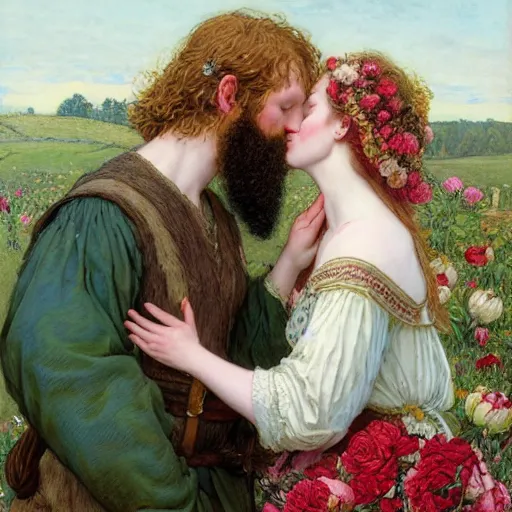 Prompt: a white skinned red bearded viking and an brown skinned princess kiss in a field of peonies, masterpiece, highly detailed, oil on canvas, art by rebecca guay