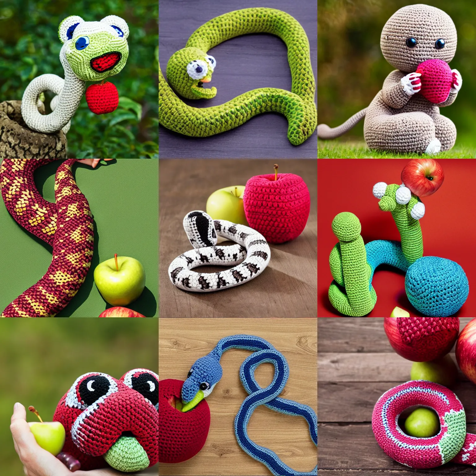Prompt: Product image of a crochet snake eating an apple. High resolution