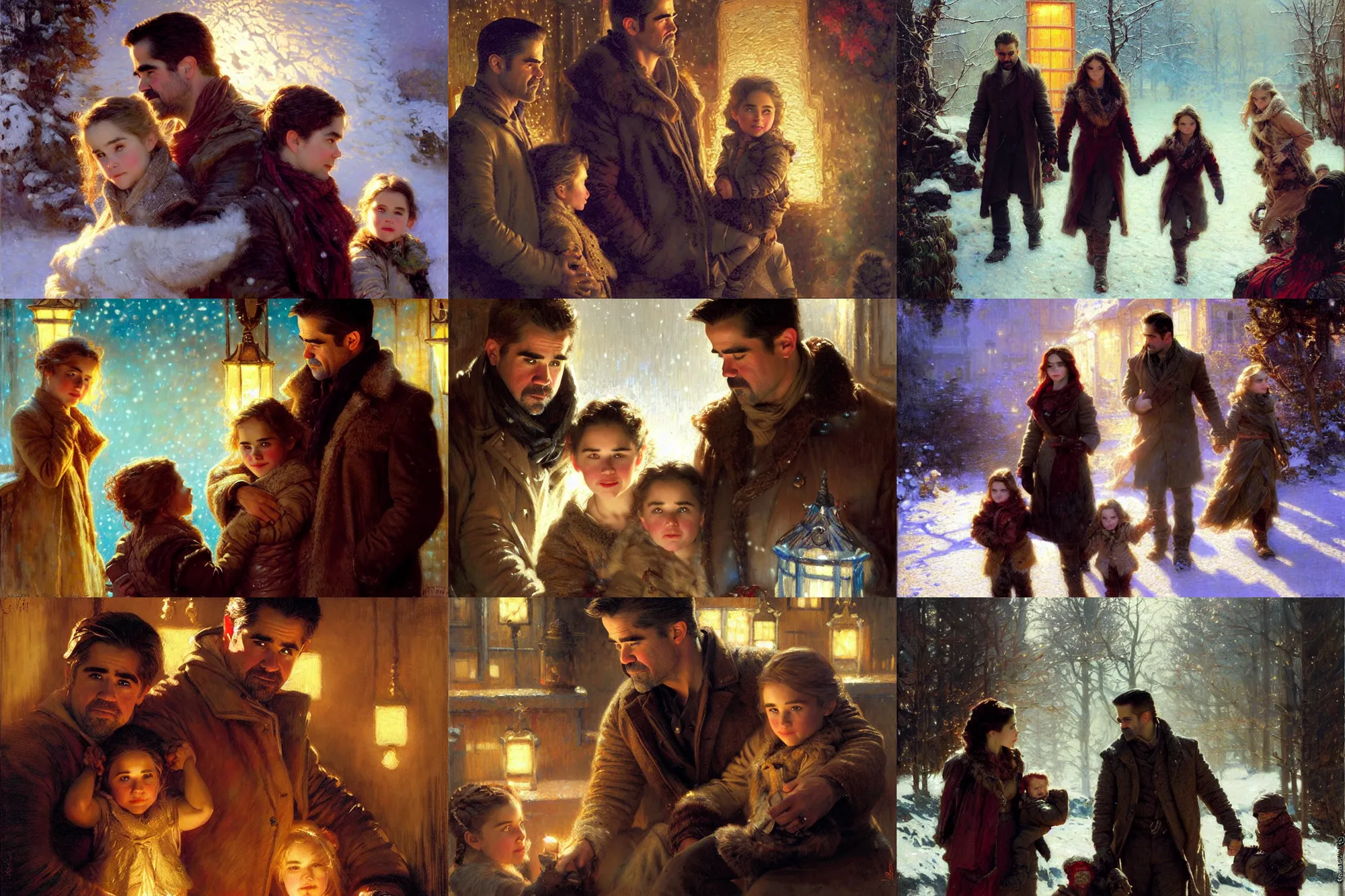 Prompt: winter, family, colin farrell with emilia clarke, with a kid, neon light, detailed faces, painting by gaston bussiere, craig mullins, j. c. leyendecker