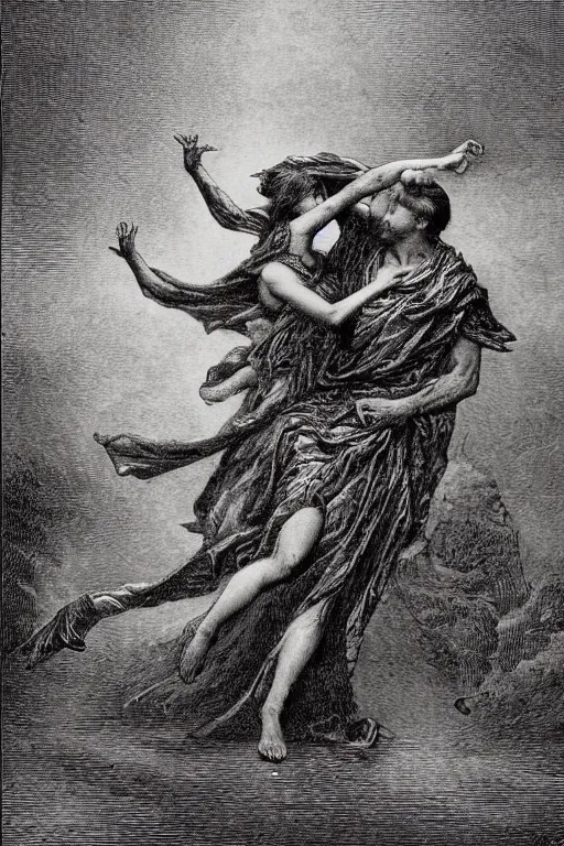 Image similar to A maiden dancing with the devil in the style of Gustave Dore