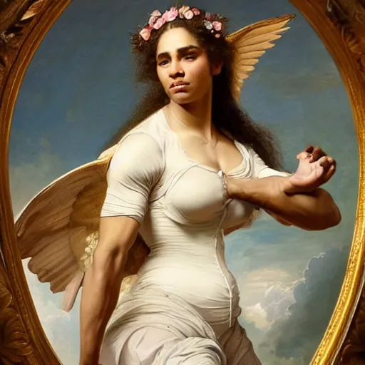 Image similar to Portrait of Serena Williams with wings as Nike Goddess standing proud, large wings, luxuriant, dreamy, eternity, romantic, strong pose, highly detailed, in the style of Franz Xaver Winterhalter, highly detailed, in the style of Aetherpunk