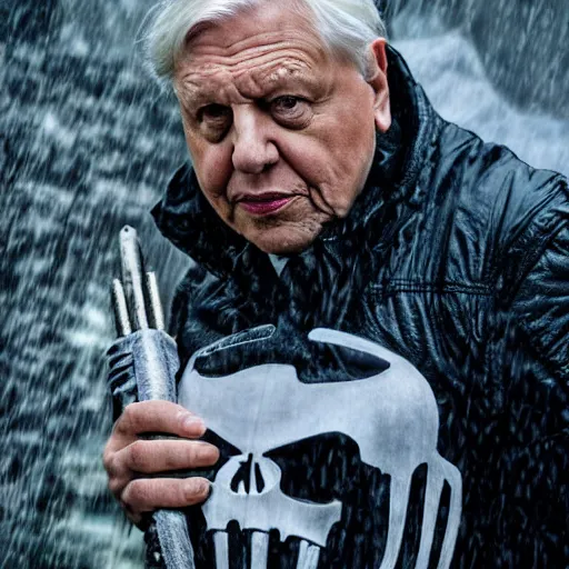 Prompt: david attenborough as the punisher, unmasked, movie still, cinematic, photorealistic, extreme detail, facial features, sharp focus, 8 k, rain, close up, anamorphic lens, lighting, dark