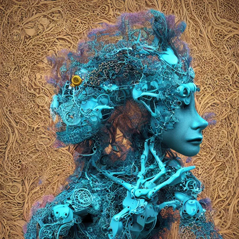 Prompt: cinema 4d colorful render, organic, ultra detailed, of a beautiful dark porcelain wolf, translucid. biomechanical cyborg, analog, macro lens, beautiful natural soft rim light, big leaves and stems, roots, fine foliage lace, turquoise gold details, Alexander Mcqueen high fashion haute couture, art nouveau fashion embroidered, intricate details, mesh wire, mandelbrot fractal, anatomical, facial muscles, cable wires, elegant, hyper realistic, in front of dark flower pattern wallpaper, ultra detailed, 8k post-production