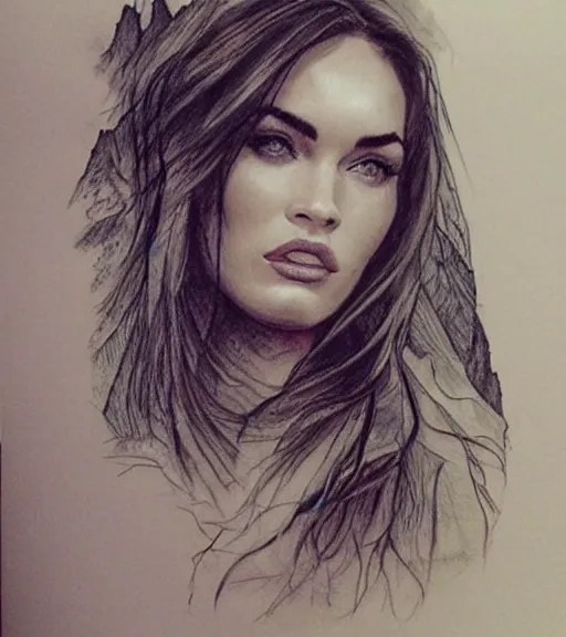 Image similar to megan fox face double exposure with beautiful mountains, realism tattoo sketch, in the style of matteo pasqualin, amazing detail, sharp, faded