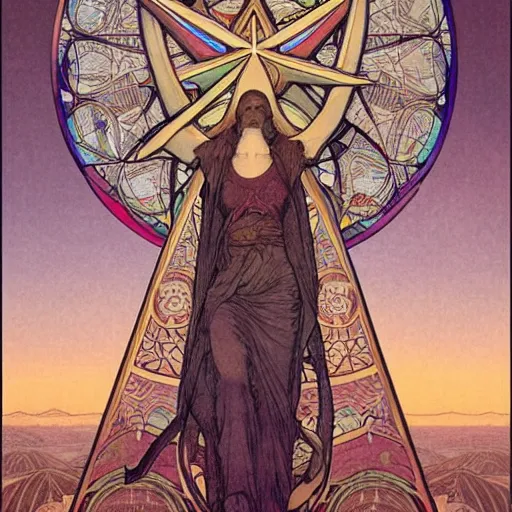 Image similar to a spiritual cross on top of a holy mountain, holy geometry, Mucha, Moebius, Mohrbacher