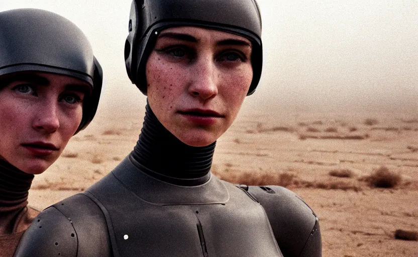 Image similar to cinestill 5 0 d photographic portrait by helen levitt of two loving female androids wearing rugged black mesh techwear on a desolate plain, extreme closeup, modern cyberpunk, dust storm, 8 k, hd, high resolution, 3 5 mm, f / 3 2, ultra realistic faces, ex machina