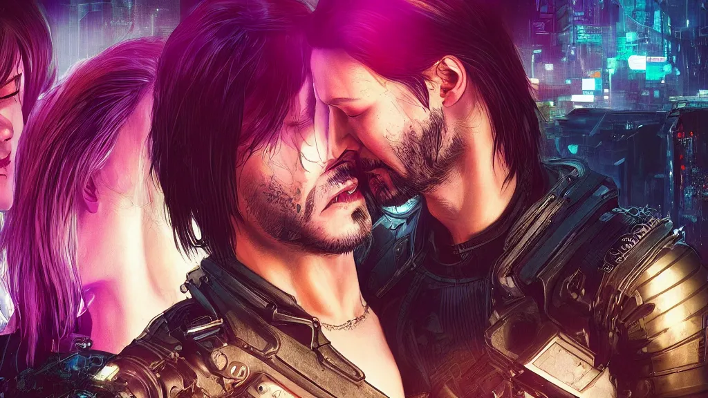 Prompt: a cyberpunk 2077 couple portrait of one Keanu Reeves and one female android final kiss,love,film lighting,by Laurie Greasley,Lawrence Alma-Tadema,Andrei Riabovitchev,Dan Mumford,John Wick,Speed,Replicas,artstation,deviantart,FAN ART,full of color,Digital painting,face enhance,highly detailed,8K,octane,golden ratio,cinematic lighting