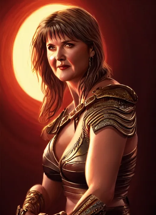 Image similar to portrait of lucy lawless as xena warrior princess, 1 9 5 0 s, intricate, elegant, glowing lights, highly detailed, digital painting, artstation, concept art, smooth, sharp focus, illustration, art by wlop, mars ravelo and greg rutkowski