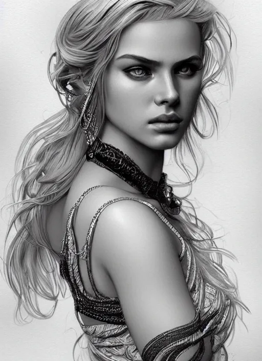 Prompt: a pencil drawing portrait of stella blonde trapsh, beautiful face, in a dress, jewelry, greek, intricate, headshot, highly detailed, drawn with pencil, black and white, artstation, concept art, sharp focus, cinematic lighting, illustration, art by artgerm and greg rutkowski, alphonse mucha, cgsociety