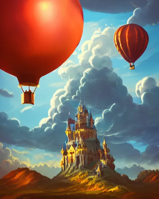 Prompt: flying cloud castle, buildings, baloons, bright, blue sky, mountains, colorful, cinematic lighting, fantasy, high detail, illustration, masterpiece, artstation, 4 k, art by wylie beckert