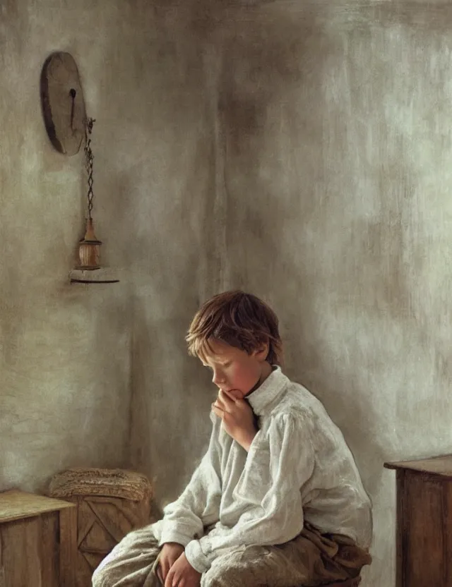 Prompt: peasant boy pray in country house, cottage core, cinematic focus, polaroid photo bleached vintage pastel colors high - key lighting, soft lights, foggy, by steve hanks, by lisa yuskavage, by serov valentin, by tarkovsky, detailed, oil on canvas