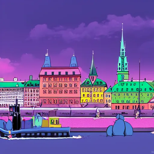 Image similar to stockholm in the style of anime