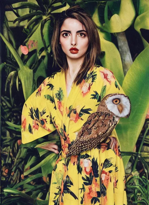 Image similar to grainy head to shoulder portrait Polaroid film photograph of Ana de Armas wearing a yellow kimono with a very detailed barn owl on her shoulder!!! in a tropical greenhouse. looking at the camera!!. super resolution. Extremely detailed. Polaroid 600 film. by Annie Leibovitz and Richard Avedon.