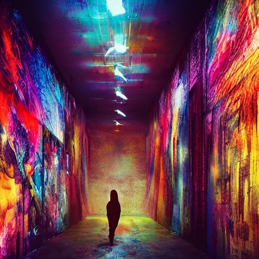 Image similar to cinematic shot epic hall of creatives, walls of large moving images, hyper realistic, mood lighting, fantasy, detailed people creating colorful diverse art, highly detailed, super realistic, perfect lighting pixel sorting, style sheet