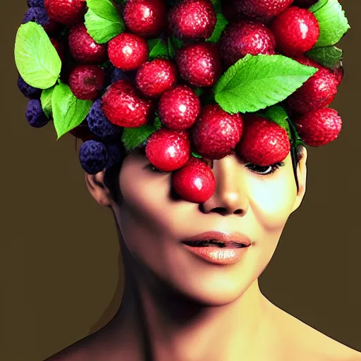 Image similar to ultra detailed two halle berry shaped exactly like berries on a tree duplicate rendered by octane digital painting inspired by arcimboldo