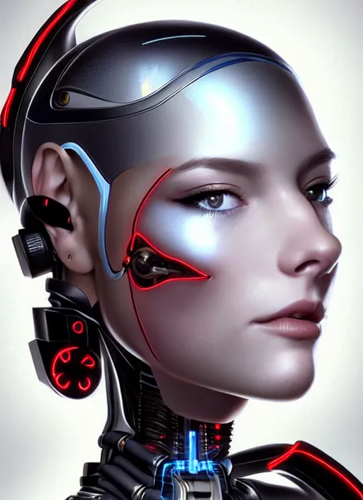 Image similar to portrait of a cyborg woman who turns her head to the ((((((right))))) left+80 (((((up))))) (((((down))))) by Artgerm,eyes closed , biomechanical, hyper detailled, trending on artstation