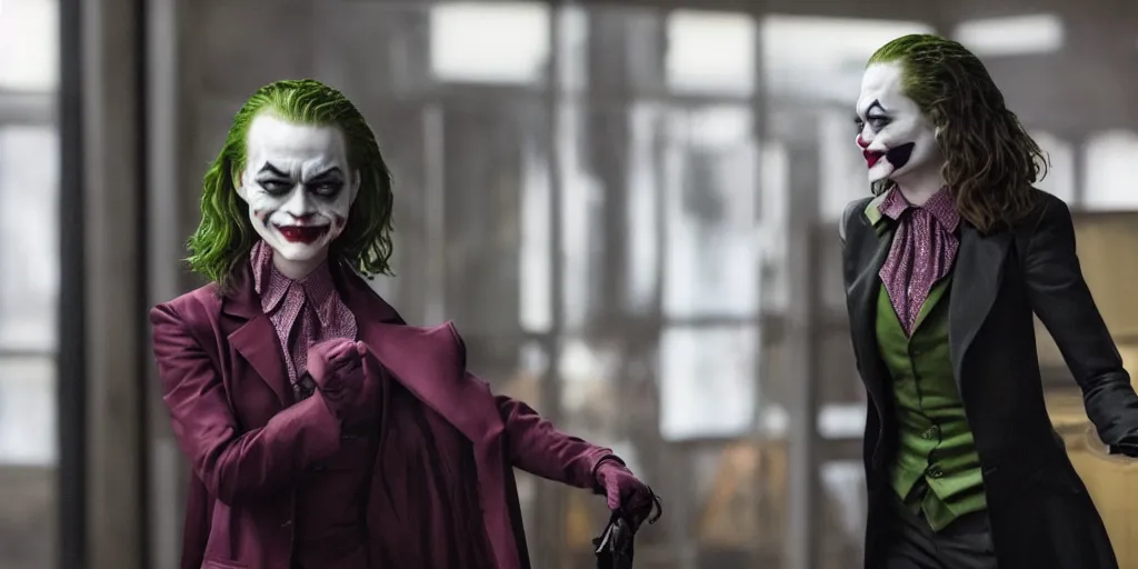 Image similar to a still from The Dark Knight with Emma Stone as the Joker