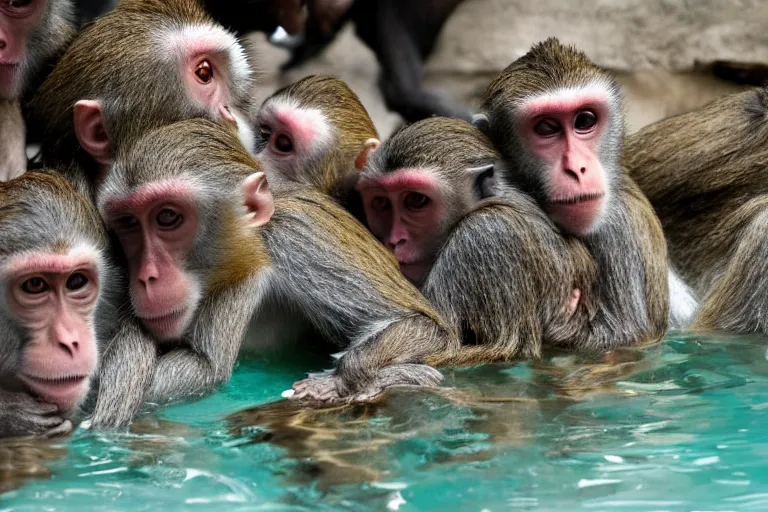 Image similar to Many monkeys swim in a public pool, wearing bathing suits, tropical location, vacation spot