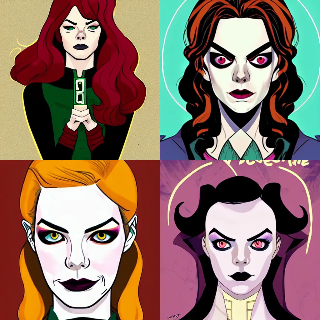 Prompt: in the style of Jamie McKelvie Wicked and the Divine comic, Emma Stone vampire, symmetrical face symmetrical eyes