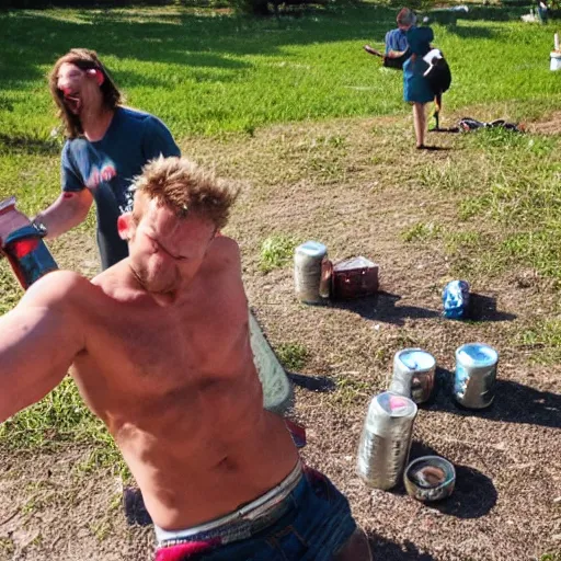 Image similar to thor smashing beer cans on an alien beach