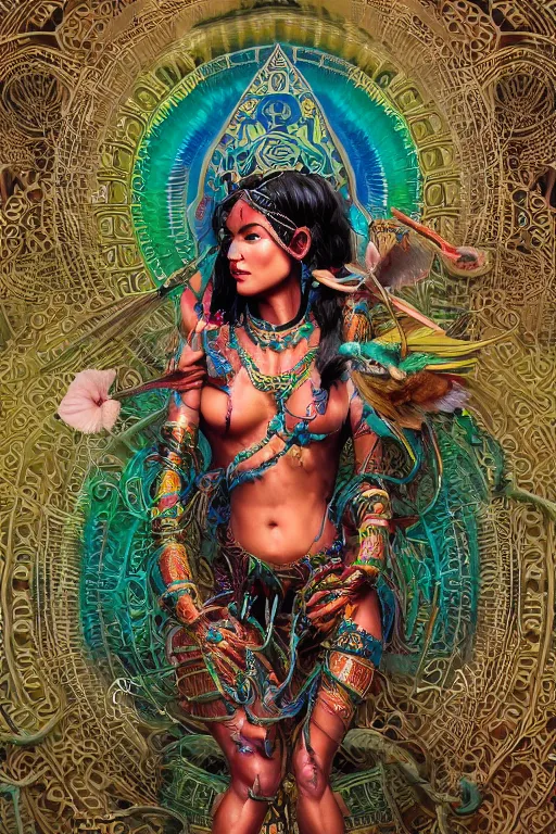 Image similar to an immaculate render of a dancing mayan goddess adorned with leaves and cables and bird wings parts, dancing in a temple surrounded by wild tentacles made from mandalas and incense smoke, full body, perfect face, powerful, cinematic, beautifully lit, by artgerm, by karol bak, 3 d, trending on artstation, octane render, 8 k